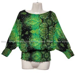 Comfy Paisley Blouse Green and Black Dolman Sleeves Blouse Top